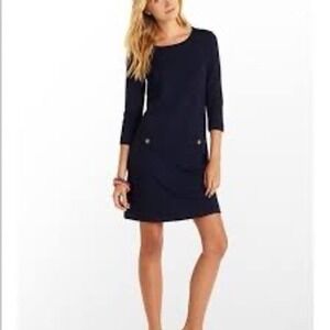 Lilly Pulitzer Charlena Shift Dress True Navy Blue Gold Button 3/4 Sleeve M
